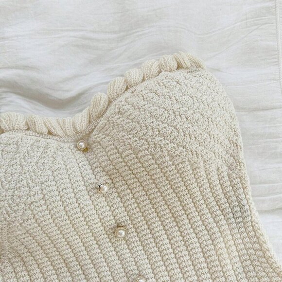 Beige Casual Women's Tube Ruffle Knitted Top - Picture 6 of 6